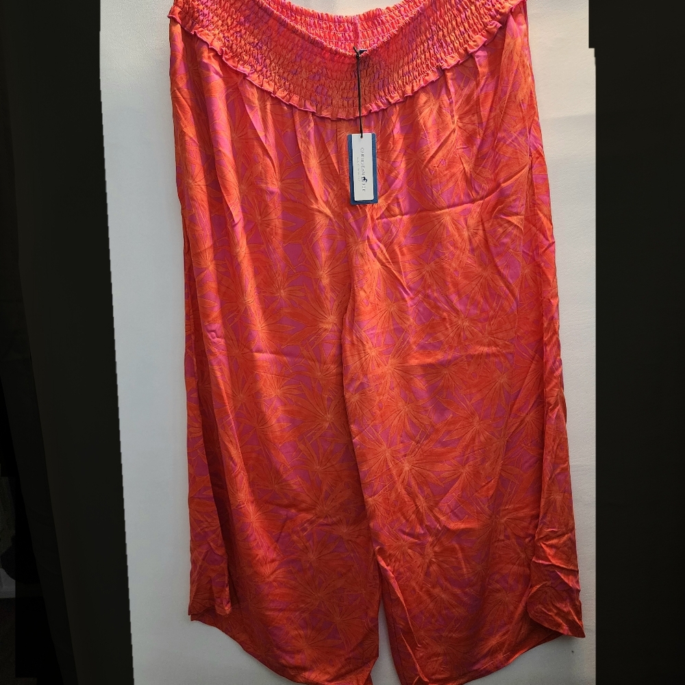 Carribean Joe Women's Pants 3X Tropical Wide Leg Loose Fit Orange Pink Red NWT